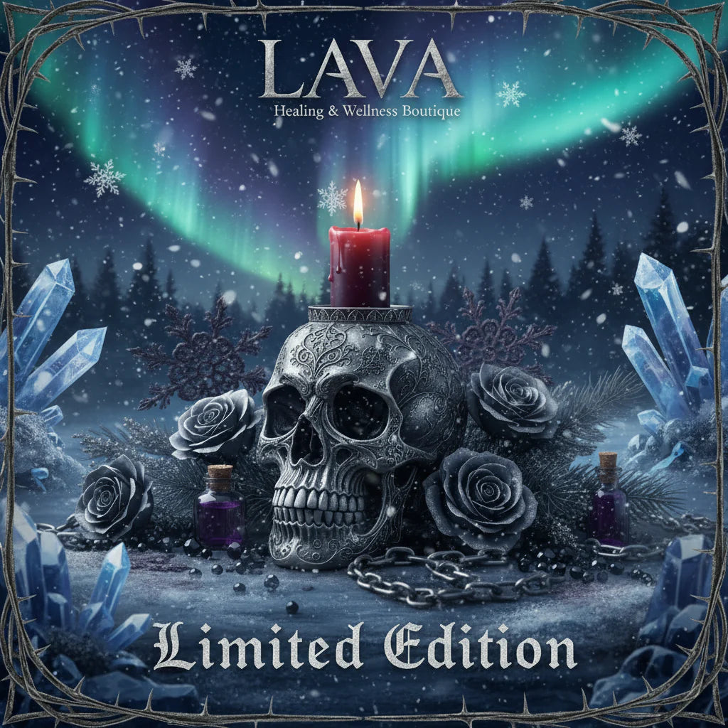 Promotional graphic for LAVA Healing and Wellness Boutique with a skull, candle, and crystals against a night sky.
